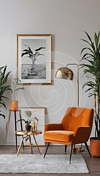 Chic arrangement of a retro living room interior featuring a mock-up poster frame, a velvet sofa, a vintage orange chair...