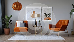 Chic arrangement of a retro living room interior featuring a mock-up poster frame, a velvet sofa, a vintage orange chair...