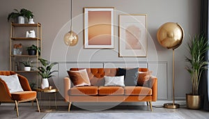 Chic arrangement of a retro living room interior featuring a mock-up poster frame, a velvet sofa, a vintage orange chair...