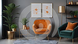 Chic arrangement of a retro living room interior featuring a mock-up poster frame, a velvet sofa, a vintage orange chair...