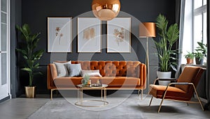 Chic arrangement of a retro living room interior featuring a mock-up poster frame, a velvet sofa, a vintage orange chair...