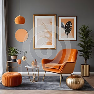 Chic arrangement of a retro living room interior featuring a mock-up poster frame, a velvet sofa, a vintage orange chair...