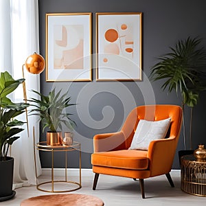 Chic arrangement of a retro living room interior featuring a mock-up poster frame, a velvet sofa, a vintage orange chair...