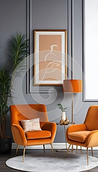 Chic arrangement of a retro living room interior featuring a mock-up poster frame, a velvet sofa, a vintage orange chair...