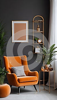 Chic arrangement of a retro living room interior featuring a mock-up poster frame, a velvet sofa, a vintage orange chair...