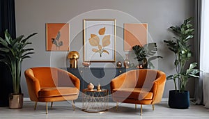 Chic arrangement of a retro living room interior featuring a mock-up poster frame, a velvet sofa, a vintage orange chair...