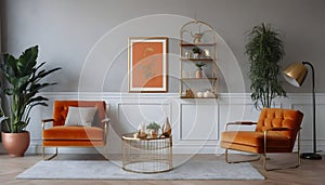 Chic arrangement of a retro living room interior featuring a mock-up poster frame, a velvet sofa, a vintage orange chair...