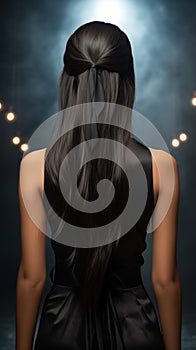 Chic back profile Womans allure emphasized by her long, straight black hair
