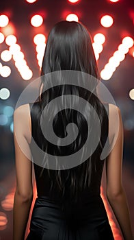 Chic back profile Womans allure emphasized by her long, straight black hair