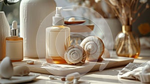 snail mucin skincare, chic banner showcasing snail mucin in premium skincare products, for a radiant natural glow photo