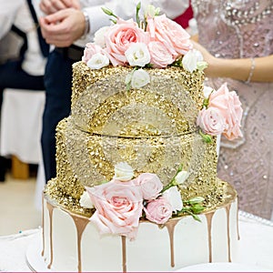 Chic beautiful wedding cake decorated with pink roses. Cutting cake