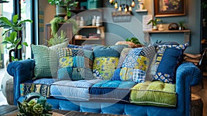 bohemian patchwork decor, a chic blue and green patchwork ottoman adds style and functionality to the bohemian sitting photo