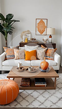 Elegante bohemio configuración en sala de estar blanco sofá de madera café mesa a sofisticado personalmente elementos 