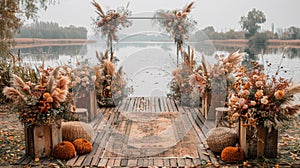 boho wedding decor, chic boho wedding decor with earthy tones, dried flowers, and rustic wooden elements a simple yet photo