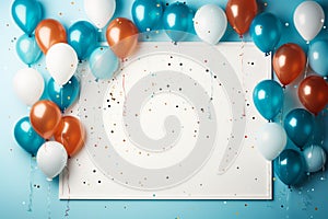Chic border surrounded by sky hued balloons and scattered confetti