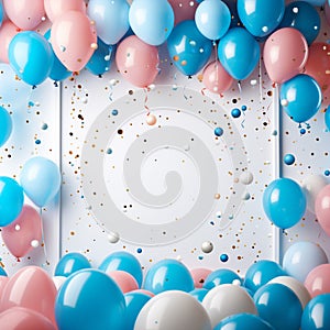 Chic border surrounded by sky hued balloons and scattered confetti