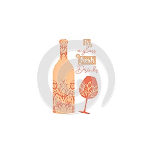 Chic burnt orange color of bottle and glass with angela and wine. Vector