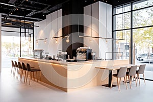 Chic Cafe Interior with Bar Island and Row of Dining Chairs photo