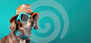 Chic Canine Coolness: A Pup's Summer Fashion Statement with Shades and Hat. Generative AI