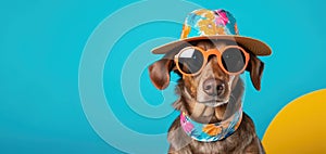 Chic Canine Coolness: A Pup's Summer Fashion Statement with Shades and Hat. Generative AI