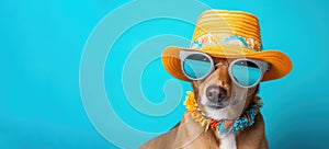 Chic Canine Coolness: A Pup's Summer Fashion Statement with Shades and Hat. Generative AI