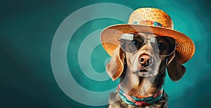 Chic Canine Coolness: A Pup's Summer Fashion Statement with Shades and Hat. Generative AI