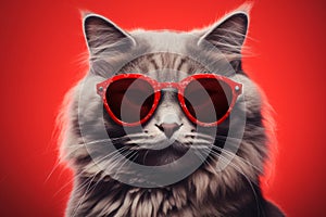 A chic cat with shimmering red sunglasses on a red minimal backdrop. Cute animals concept