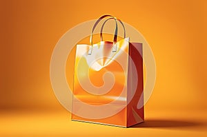 Chic Citrus Splendor: Orange Shopping Bag Appears Empty, Positioned Centrally Against a Vivid Yellow Background, Ample Negative