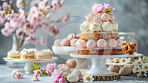 A chic Easter dessert spread featuring decadent treats and beautifully crafted confections