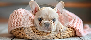 Chic french bulldog puppy relaxing in a comfortable bed, a fashionable companion