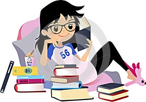 Chic Girl reading a book. Cute Vector clip art Woman black hair with glasses. photo