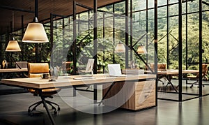Chic Glass Office Interior with Sleek PC Desktop and Expansive Panoramic Window