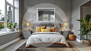 A Chic Guest Bedroom Featuring Soft Grey Walls Complemented by Bold Orange Pillows