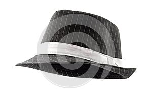 Chic hats and formal attire concept black pinstripe fedora hat isolated on white background with clipping path cutout using ghost