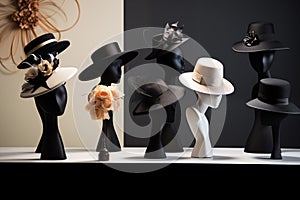 Chic hats and headpieces arranged in elegant display. Generative AI