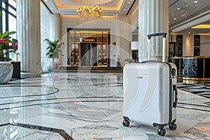 Chic hotel entrance displaying a travel suitcase for a sophisticated arrival experience