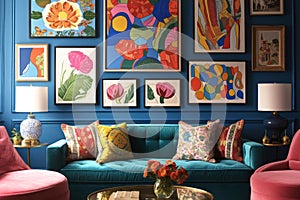 Chic interior with a plush blue sofa and eclectic wall art creating a cozy yet modern living space photo