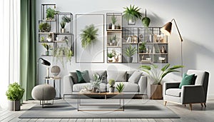 Chic Living Room with Botanical Shelving Decor