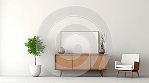 A chic living room interior featuring a wooden sideboard, a cozy white armchair, and a potted plant, embodying a mid-century