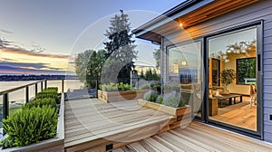 A Chic Master Deck Featuring Custom-Built Cedar Bench and Planter Boxes with Breathtaking Lake Views