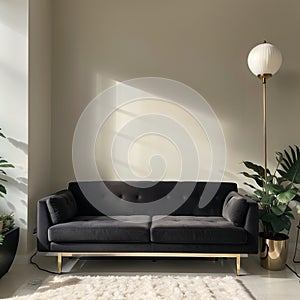 Chic mid-century modern luxury aesthetics living room with gray velvet couch and golden lamp
