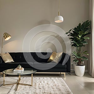 Chic mid-century modern luxury aesthetics living room with gray velvet couch and golden lamp