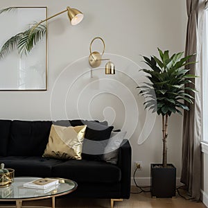 Chic mid-century modern luxury aesthetics living room with gray velvet couch and golden lamp