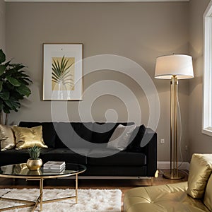 Chic mid-century modern luxury aesthetics living room with gray velvet couch and golden lamp