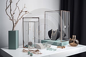 a chic and minimalist jewelry display, featuring delicate necklaces and earrings