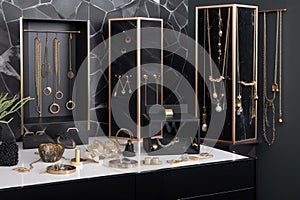 a chic and minimalist jewelry display, featuring delicate necklaces and earrings