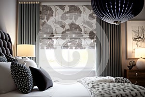 Chic modern bedroom with patterned Roman shades.