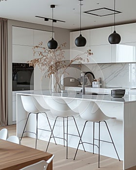 Chic Modern Kitchen with Marble Island, White Aesthetic and Hanging Pendant Lights. A beautifully appointed modern