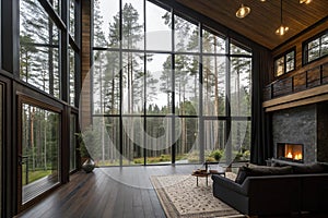Chic modern kitchen with panoramic windows and forest view