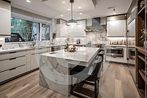 A chic modern kitchen with a white marble counter. AI generated